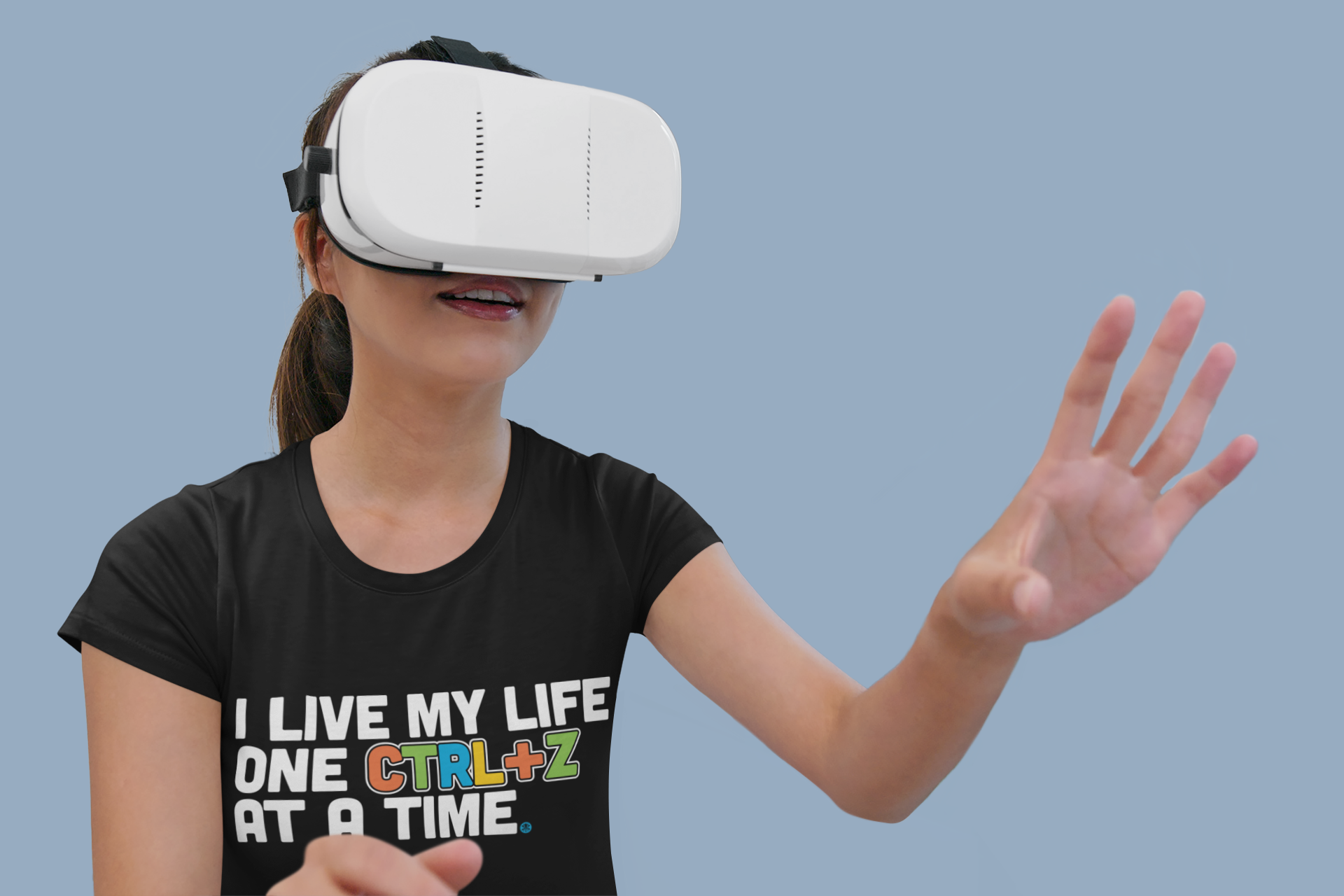 Girl wearing VR with funny tech shirt