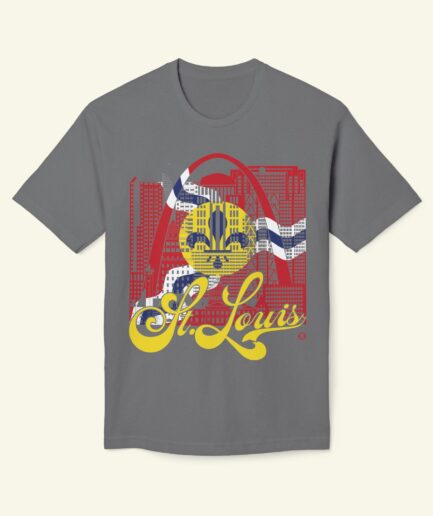St. Louis Skyline Flag T-Shirt – Gateway Arch Cityscape Tee with US, City, and Progress Pride Flag Overlays