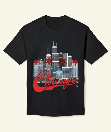 Chicago Skyline Flag T-Shirt – Chicago Flag, USA Flag & Pride Flag Cityscape Tee