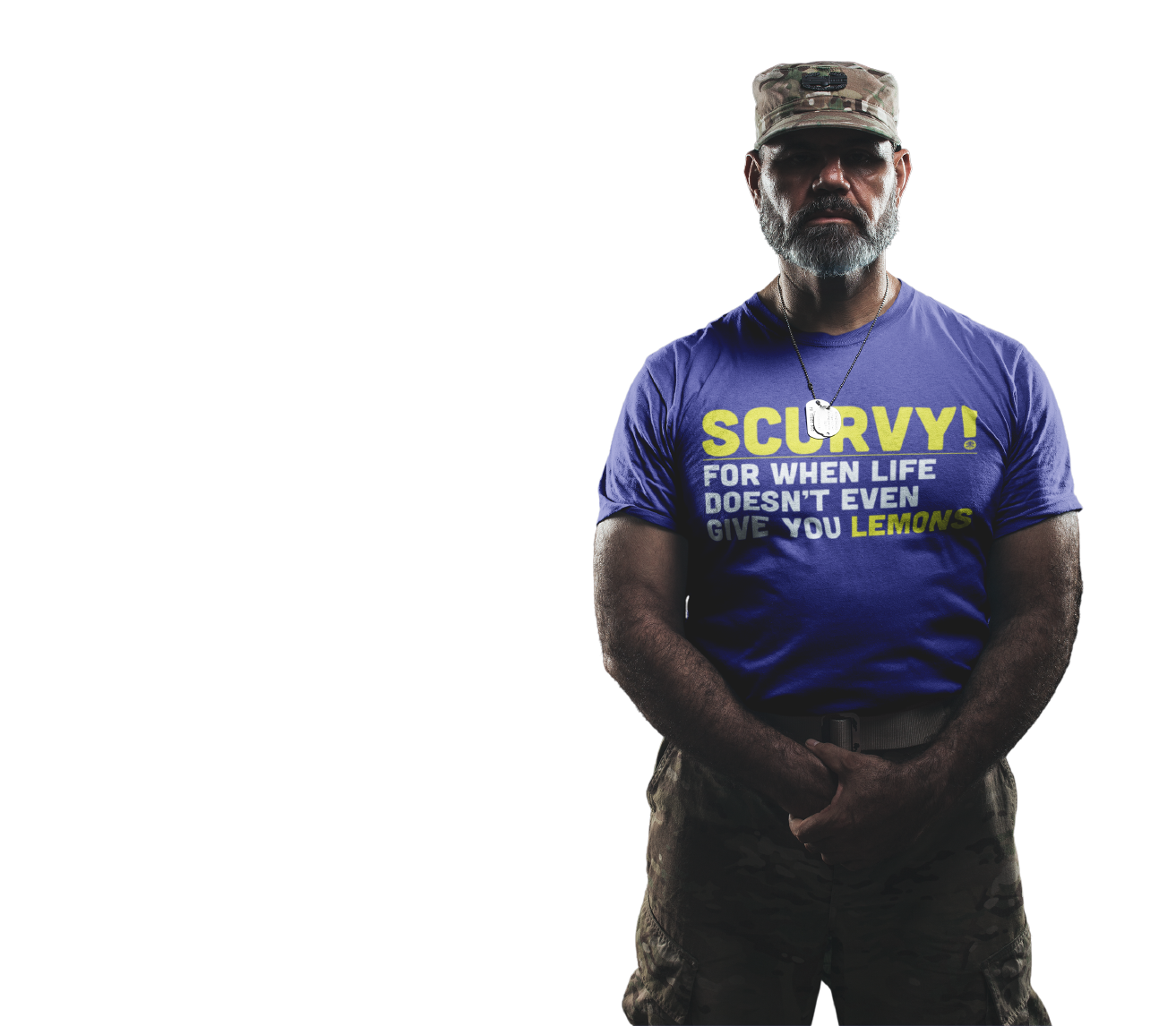 Military man in humorous t-shirt.