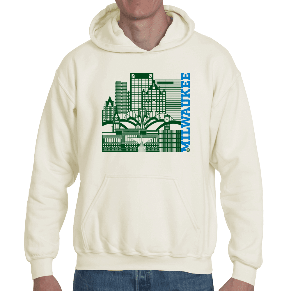 Milwaukee Skyline Squared Organic Hoodie - Green+Blue on Natural