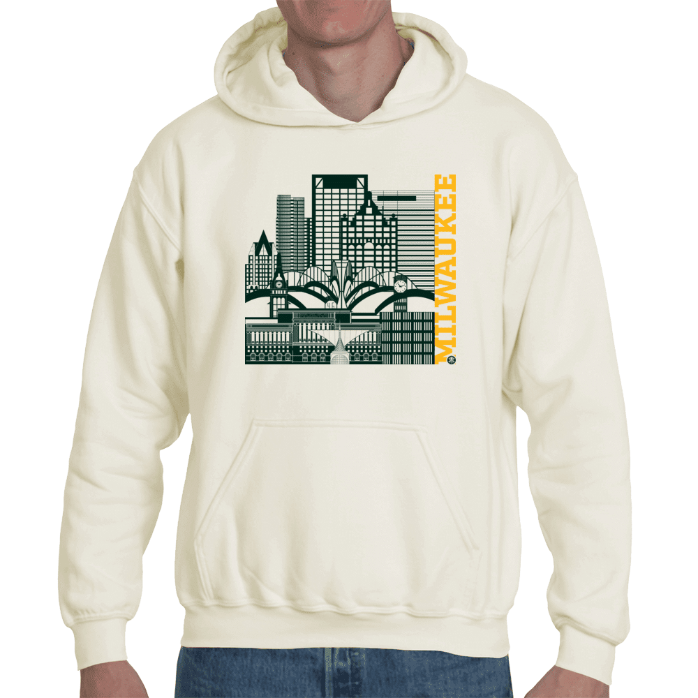 Milwaukee Skyline Squared Organic Hoodie - Green+Gold on Natural