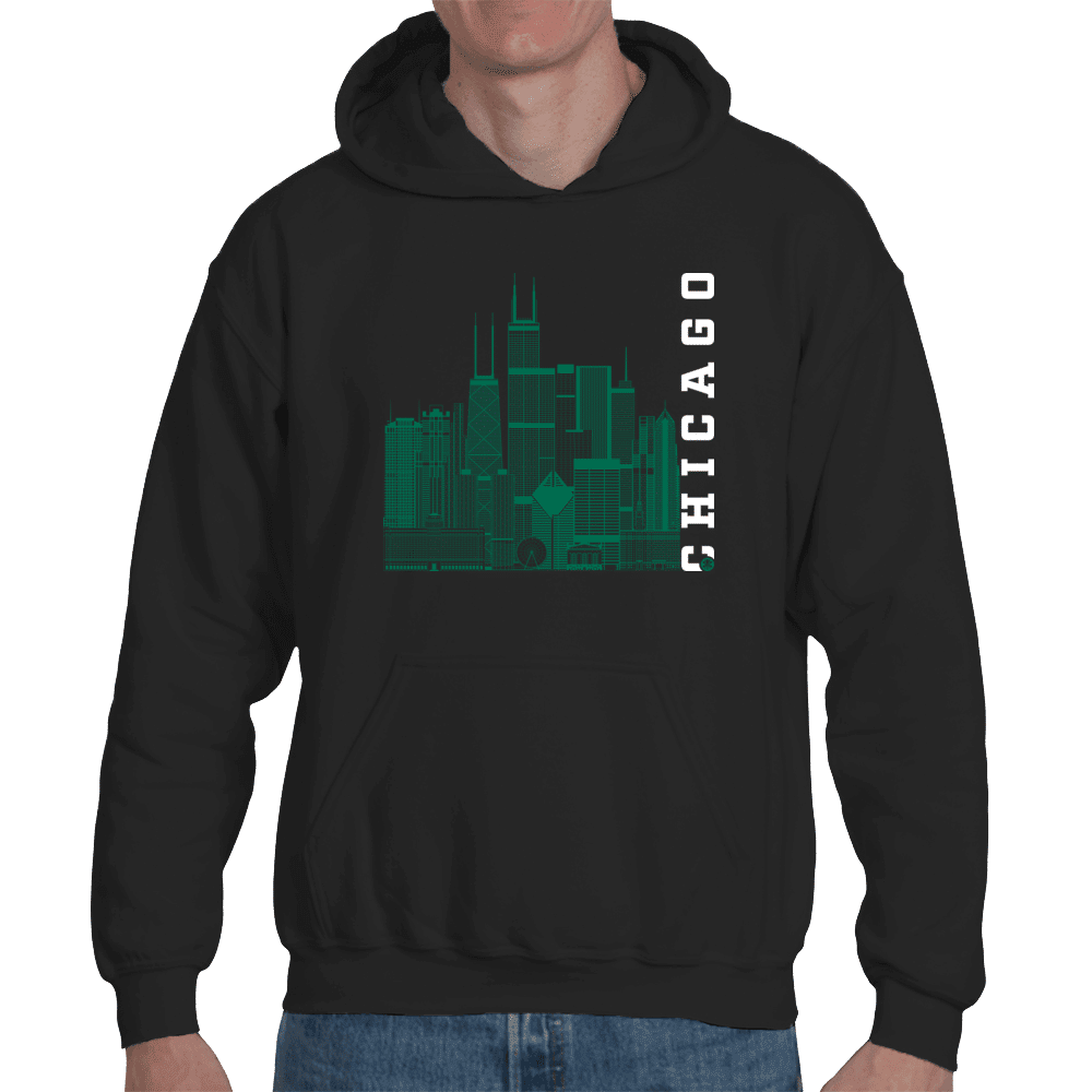 Chicago Skyline Squared Organic Hoodie - Green+White on Night