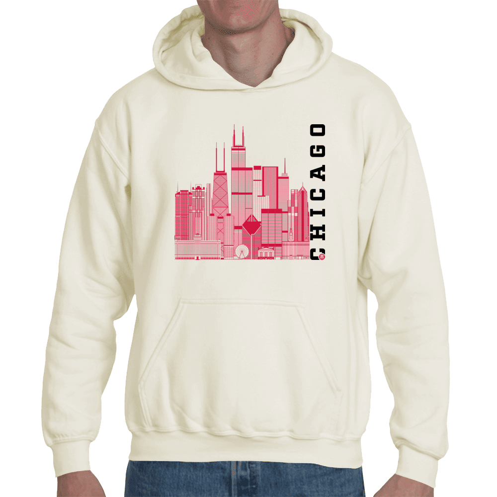 Chicago Skyline Squared Organic Hoodie - Red+Black on Natural