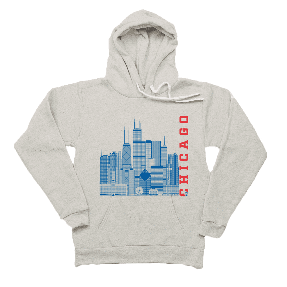 Chicago Skyline Squared Pullover Fleece - Blue+Red on Gray