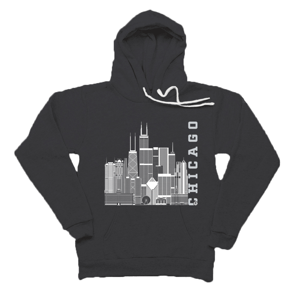 Chicago Skyline Squared Pullover Fleece - White+Silver on Onyx