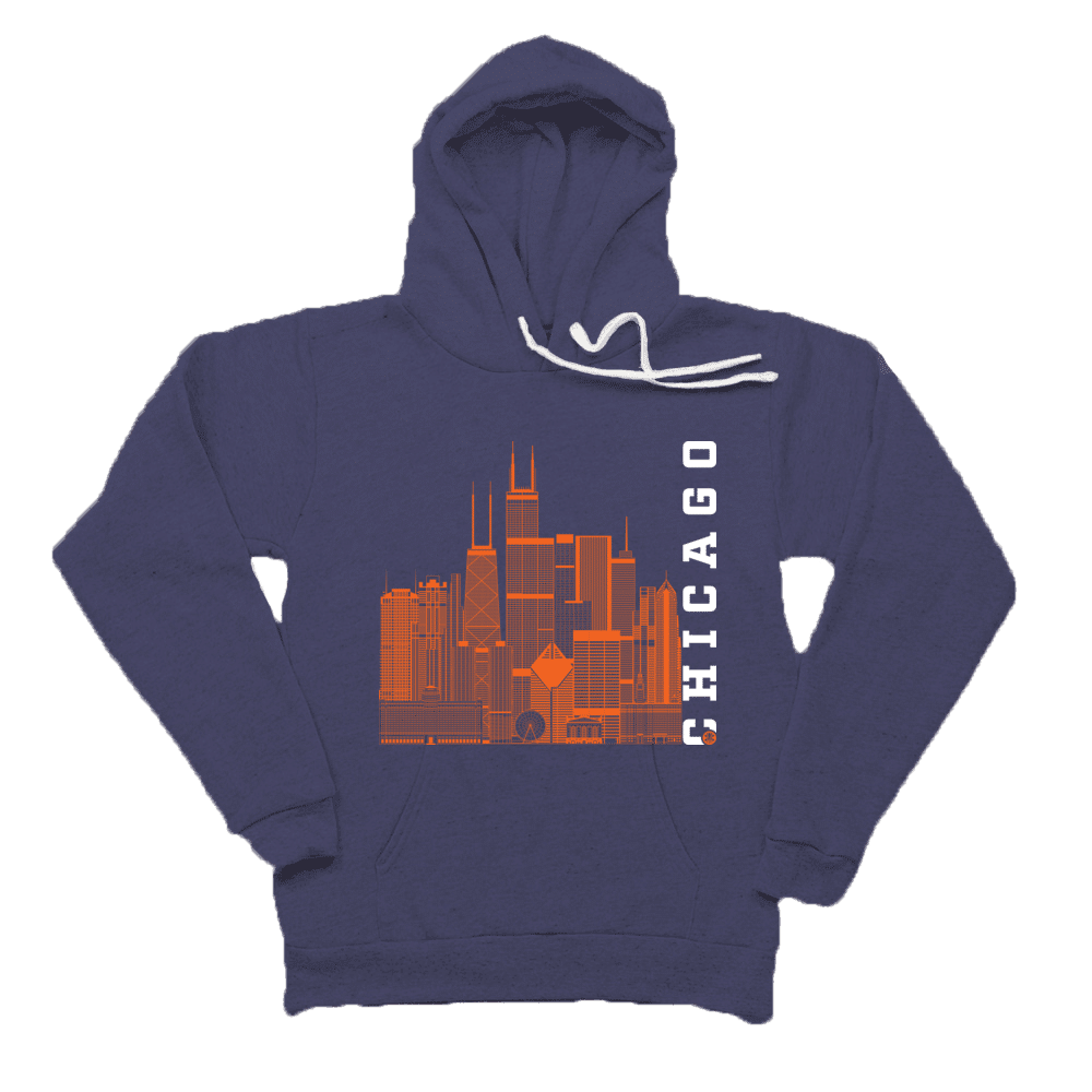 Chicago Skyline Squared Pullover Fleece - Orange+White on Navy