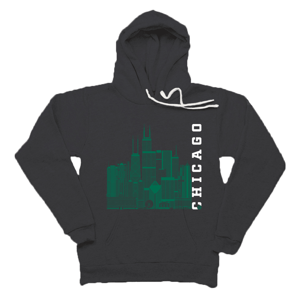Chicago Skyline Squared Pullover Fleece - Green+White on Onyx