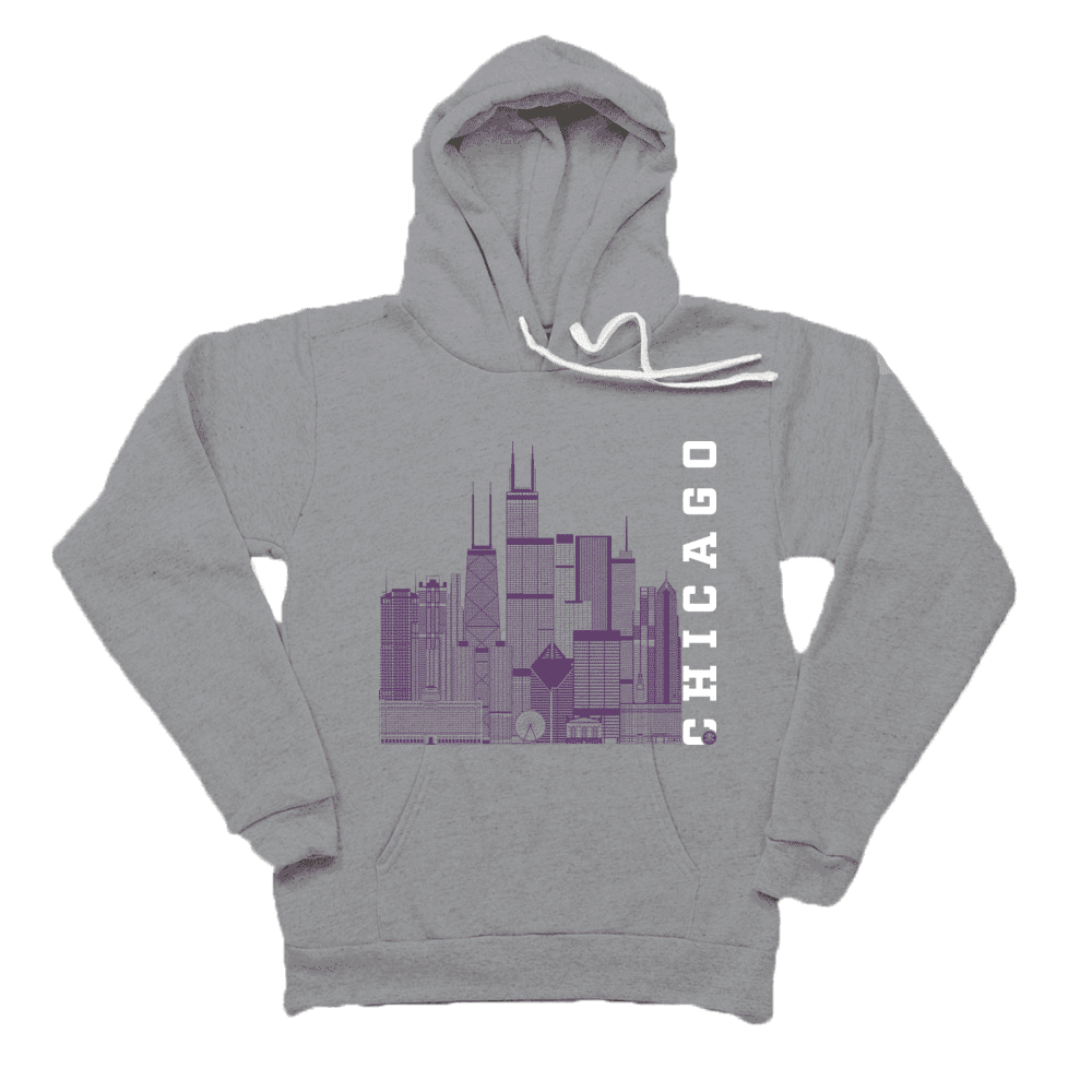 Chicago Skyline Squared Pullover Fleece - Purple+White on Gray