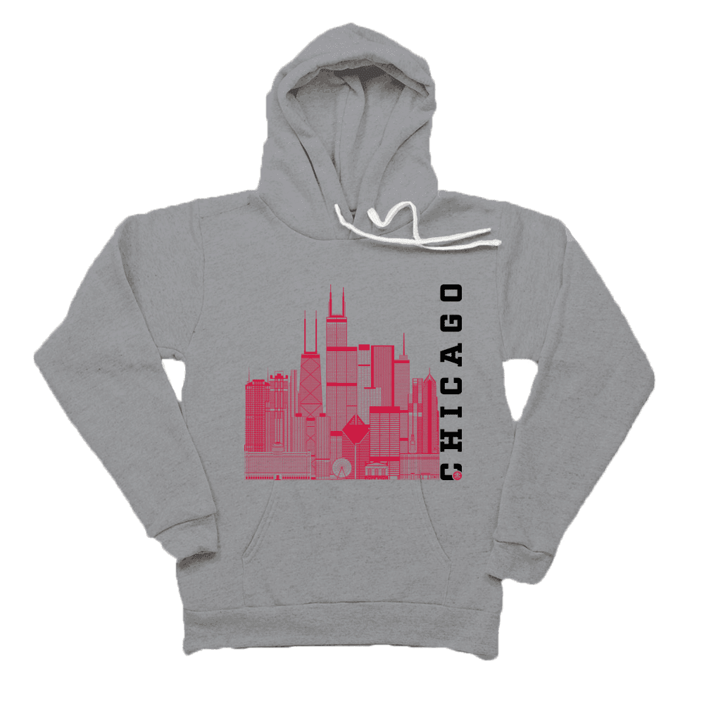 Chicago Skyline Squared Pullover Fleece - Red+Black on Gray