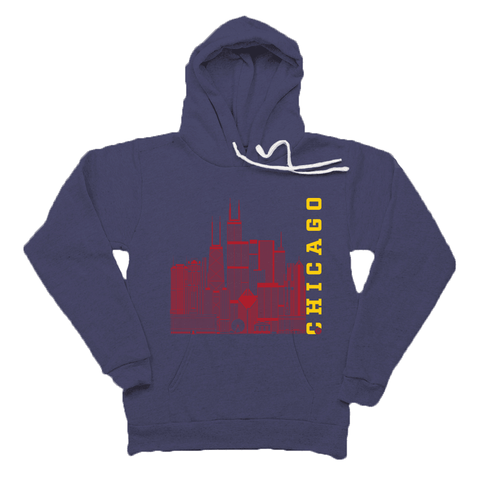 Chicago Skyline Squared Pullover Fleece - Red+Yellow on Navy