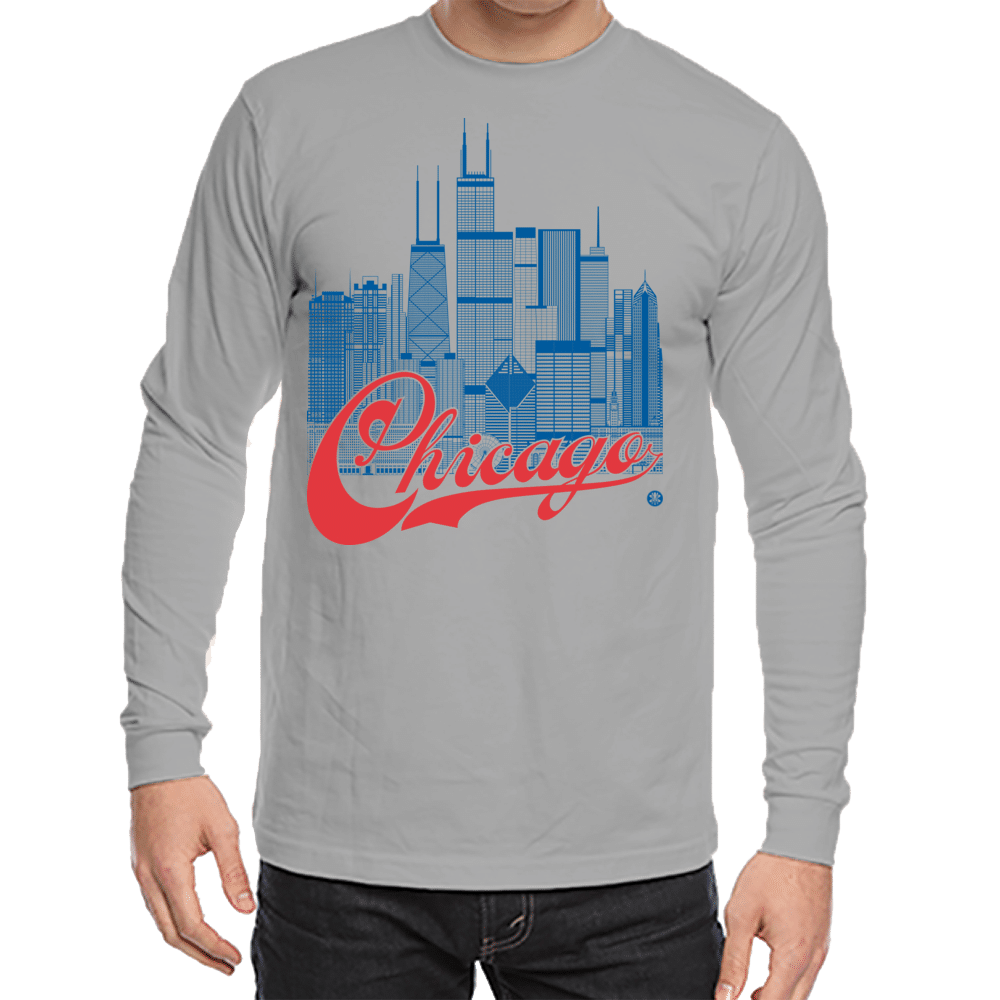 Chicago Skyline Squared Long Sleeve Tee - Blue+Red on Gray