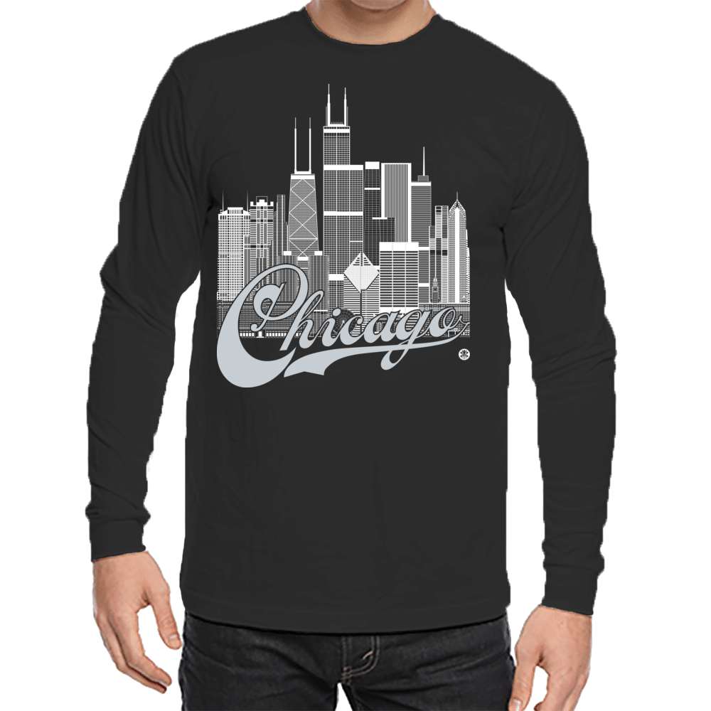 Chicago Skyline Squared Long Sleeve Tee - White+Silver on Black