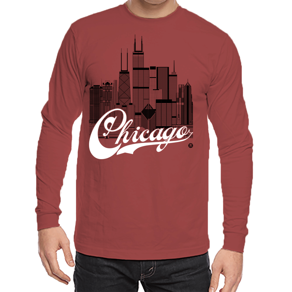 Chicago Skyline Squared Long Sleeve Tee - Black+White on Red