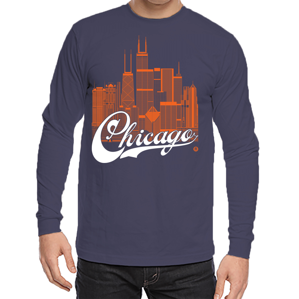Chicago Skyline Squared Long Sleeve Tee - Orange+White on Navy