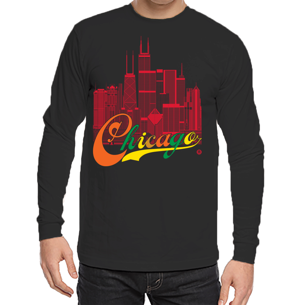 Chicago Skyline Squared Long Sleeve Tee - Red+Multi on Black