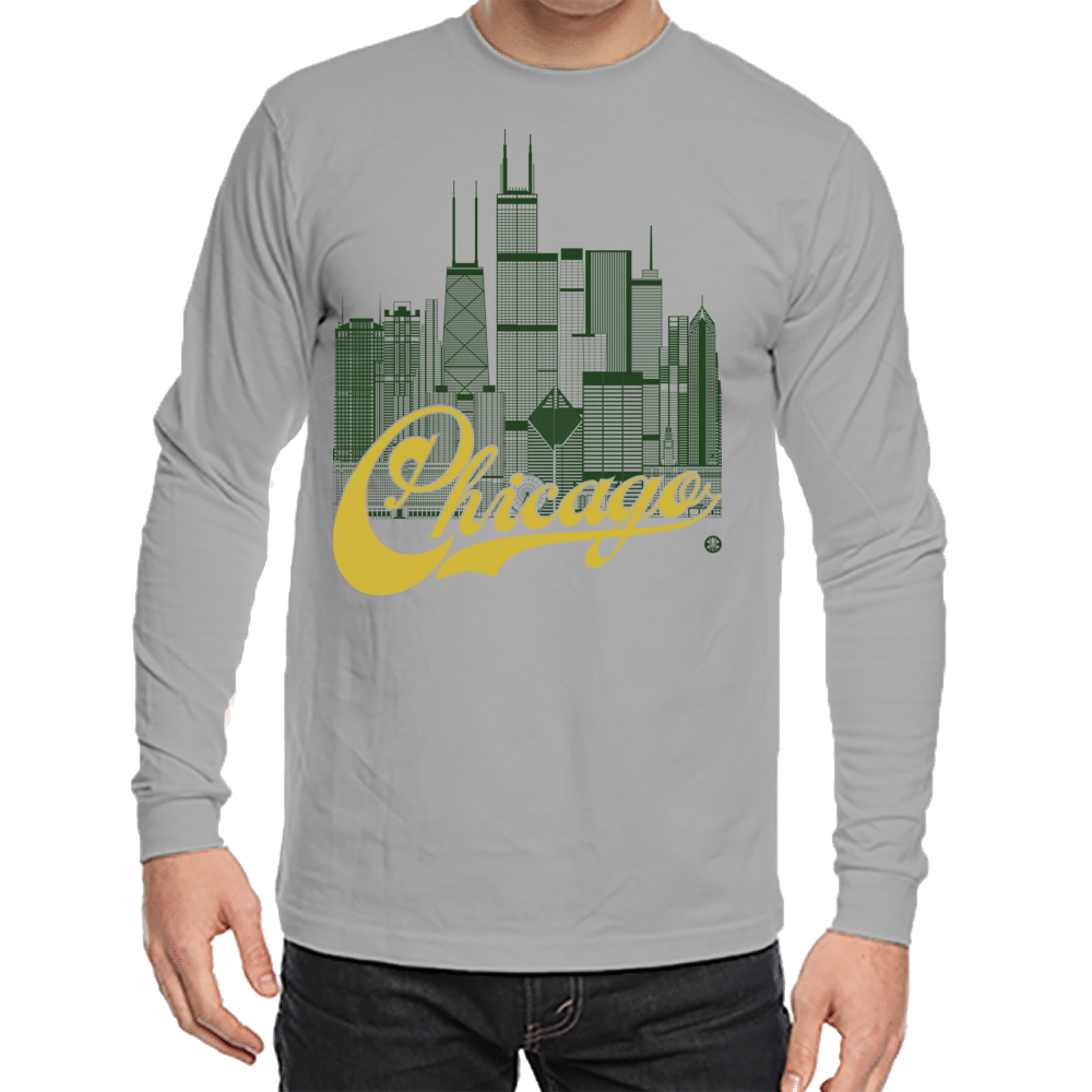 Chicago Skyline Squared Long Sleeve Tee - Myrtle+Gold on Gray