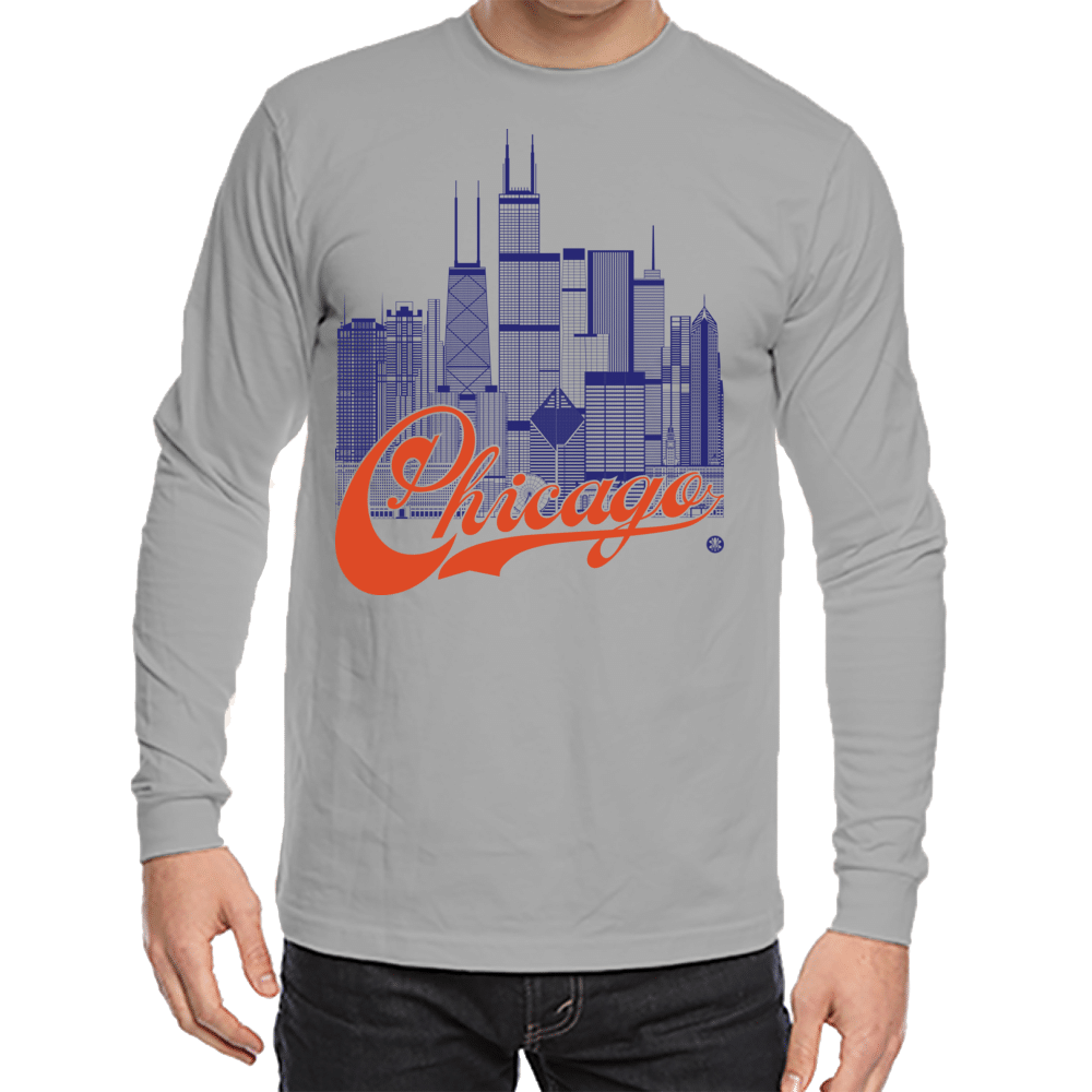 Chicago Skyline Squared Long Sleeve Tee - Navy+Orange on Gray
