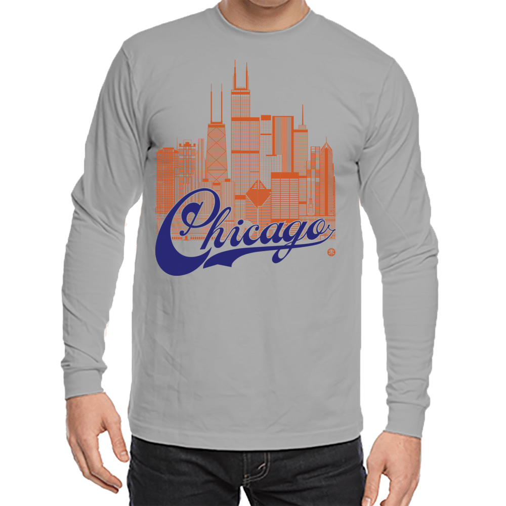 Chicago Skyline Squared Long Sleeve Tee - Orange+Blue on Gray