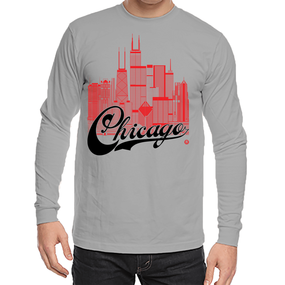 Chicago Skyline Squared Long Sleeve Tee - Red+Black on Gray