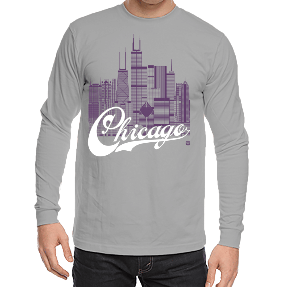 Chicago Skyline Squared Long Sleeve Tee - Purple+White on Gray