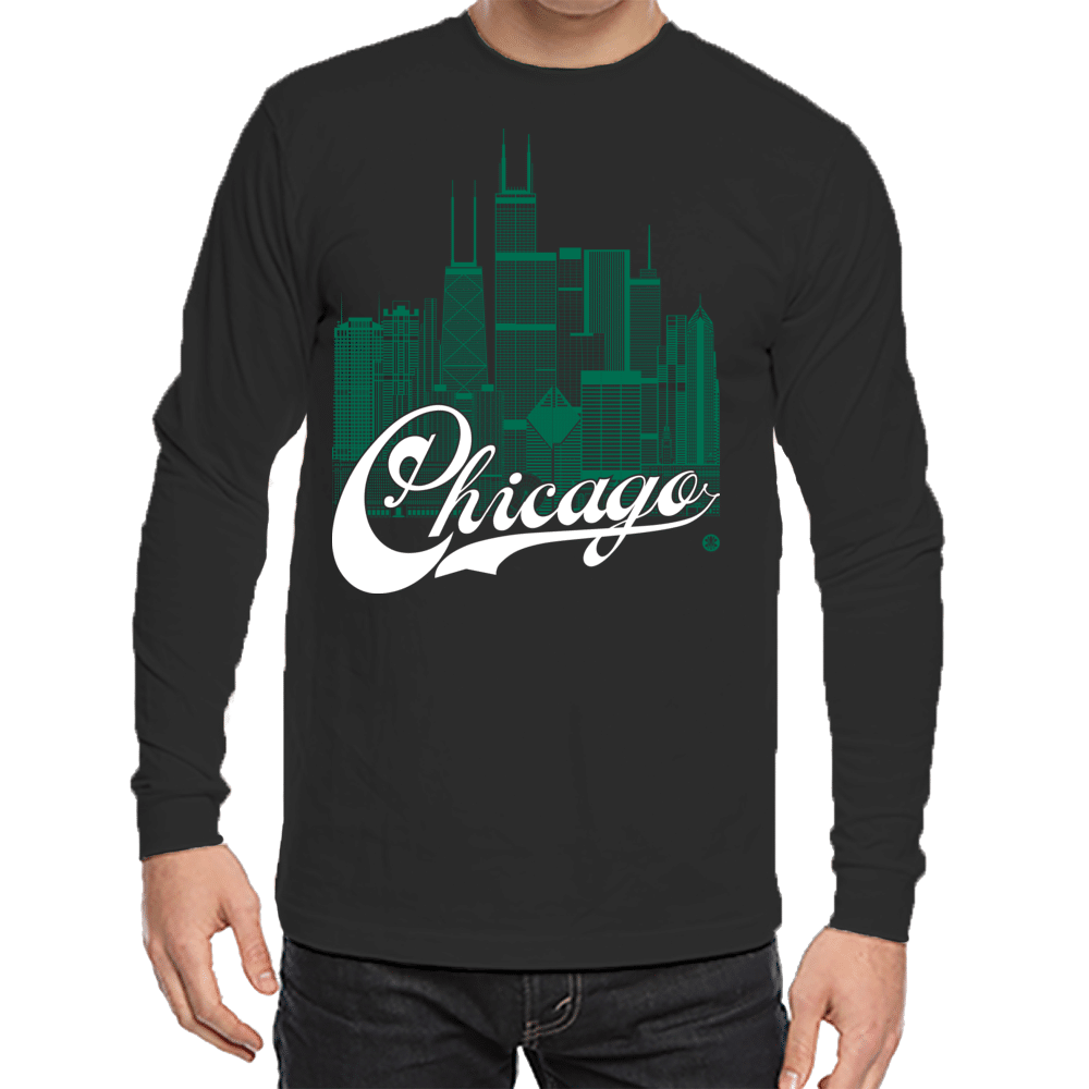 Chicago Skyline Squared - Green+White on Black Long Sleeve Tee