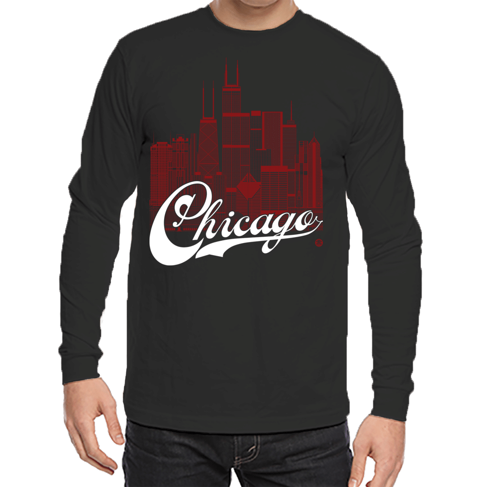 Chicago Skyline Squared Long Sleeve Tee - Maroon+White on Black