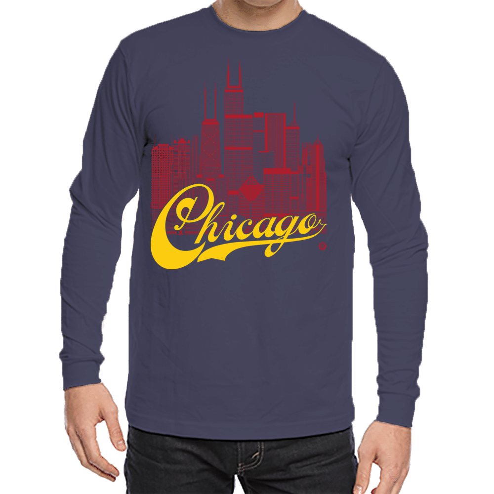 Chicago Skyline Squared Long Sleeve Tee - Red+Yellow on Navy