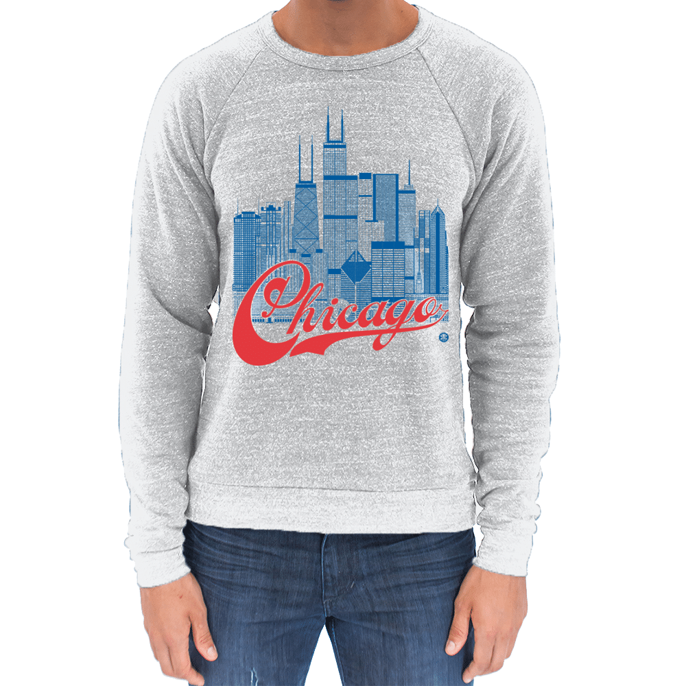 Chicago Skyline Squared Raglan Sweatshirt - Blue+Red on Gray