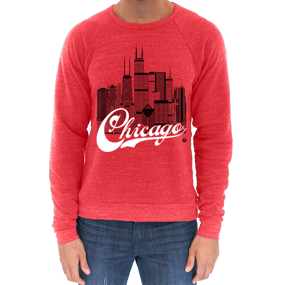 Chicago Skyline Squared Raglan Sweatshirt - Black+White on Red