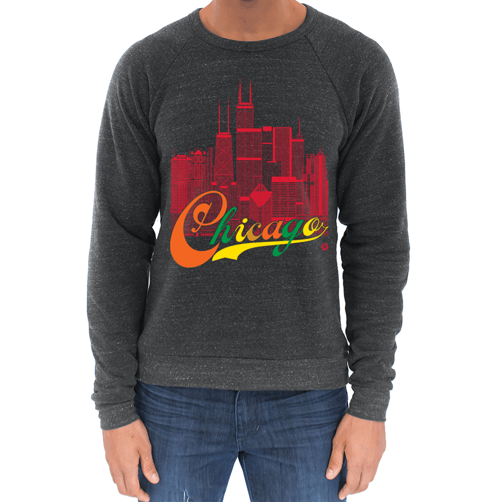 Chicago Skyline Squared Raglan Sweatshirt - Red+Multi on Onyx