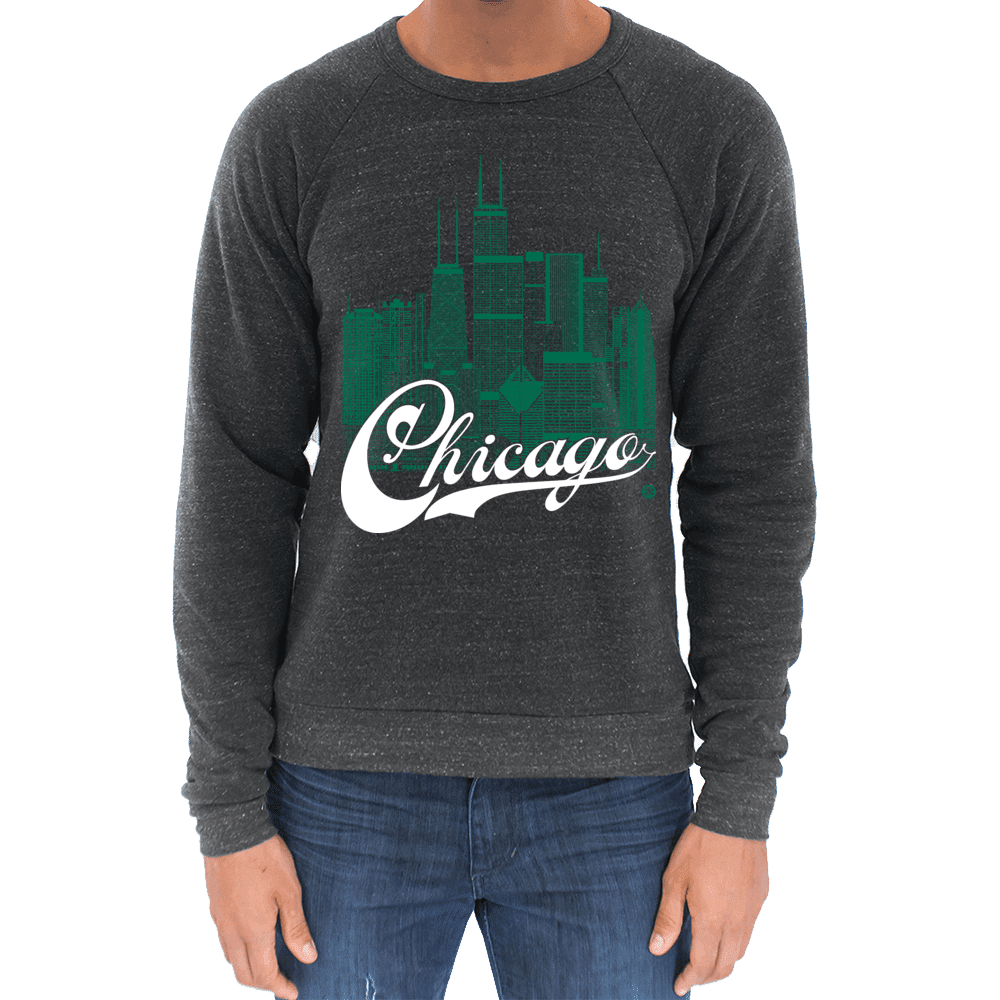 Chicago Skyline Squared Raglan Sweatshirt - Green+White on Onyx