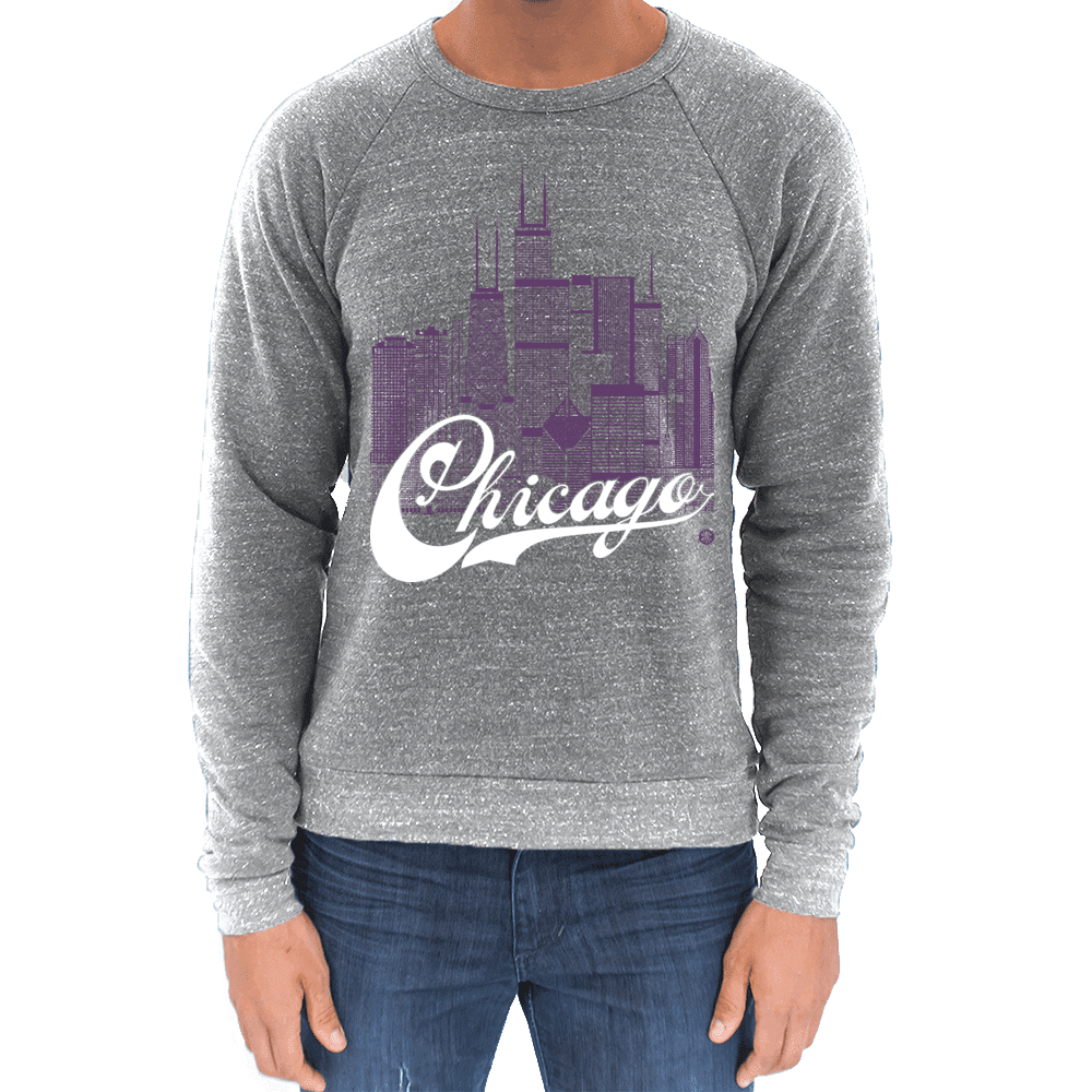 Chicago Skyline Squared Raglan Sweatshirt - Purple+White on Gray