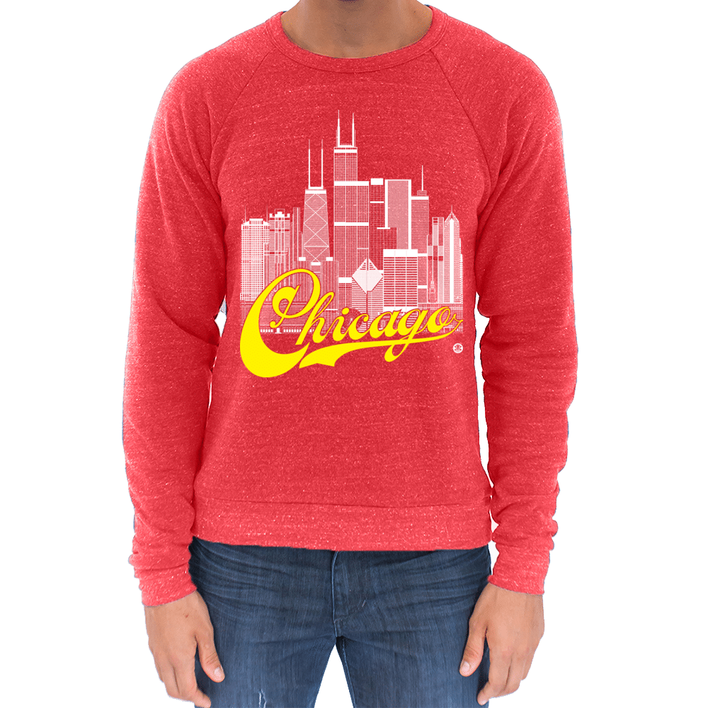 Chicago Skyline Squared Raglan Sweatshirt - White+Yellow on Red