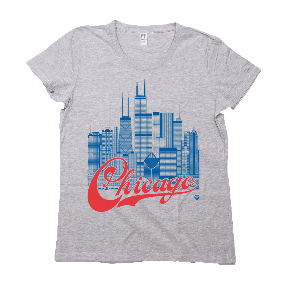 Chicago Skyline Squared Women's Tee - Blue+Red on Gray