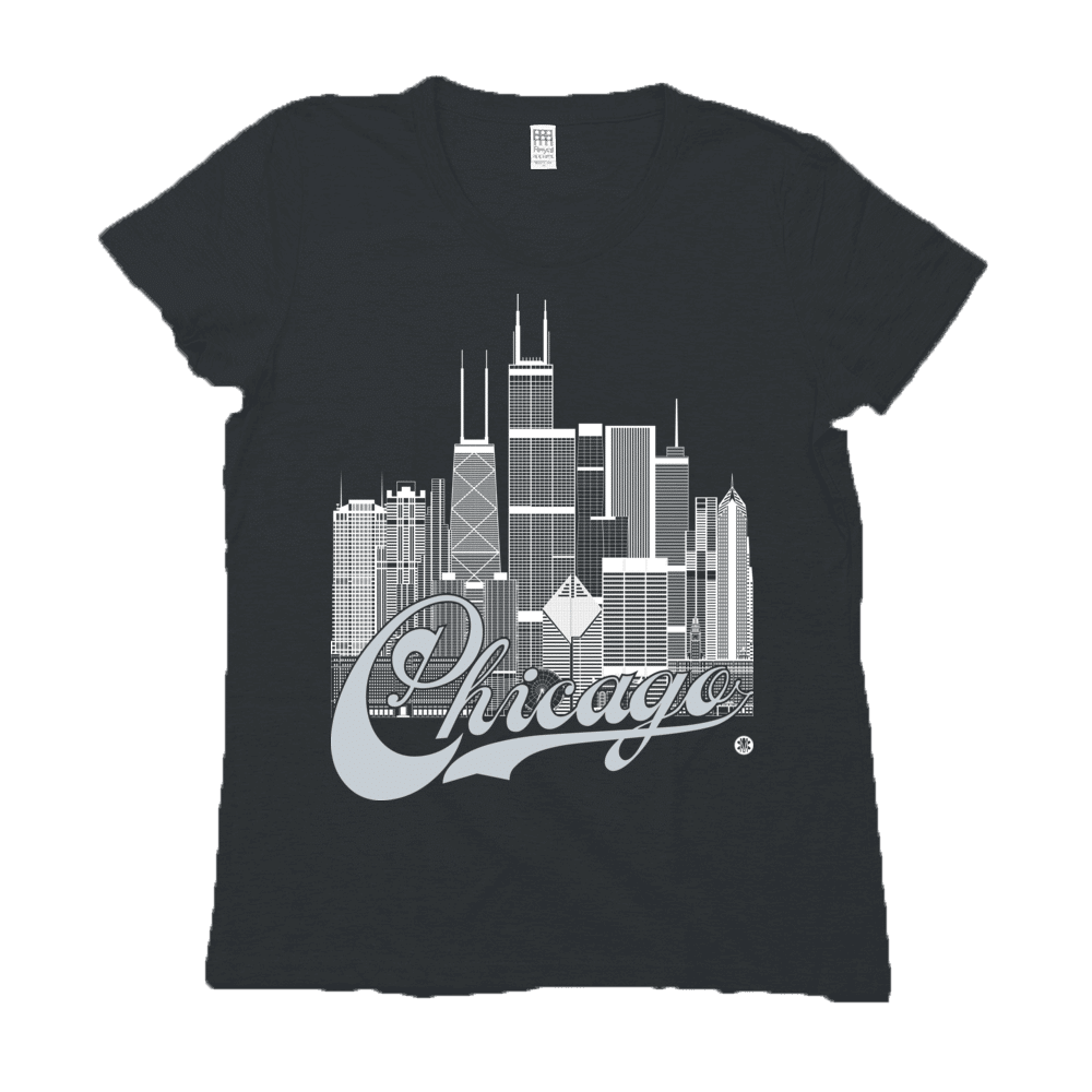 Chicago Skyline Squared Women's Tee - White+Silver on Black