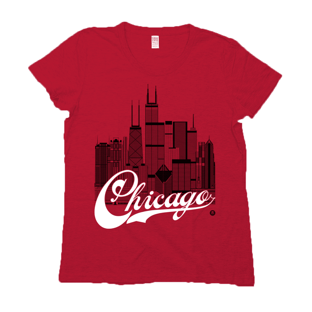 Chicago Skyline Squared Women's Tee - Black+White on Red