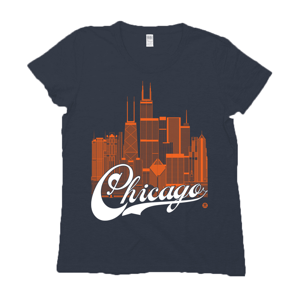 Chicago Skyline Squared Women's Tee - Orange+White on Navy