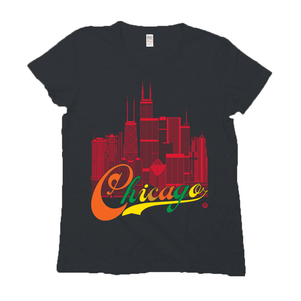 Chicago Skyline Squared Women's Tee - Red+Multi on Black