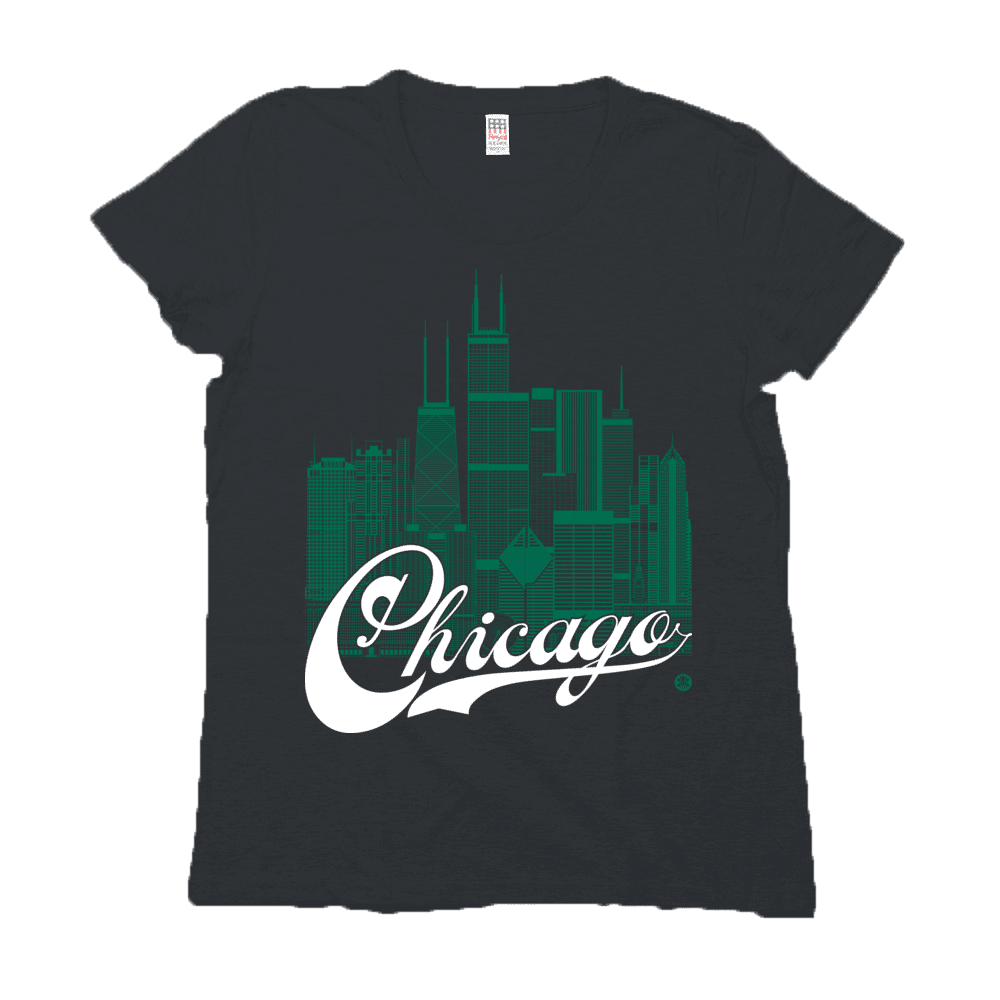 Chicago Skyline Squared Women's Tee - Green+White on Black