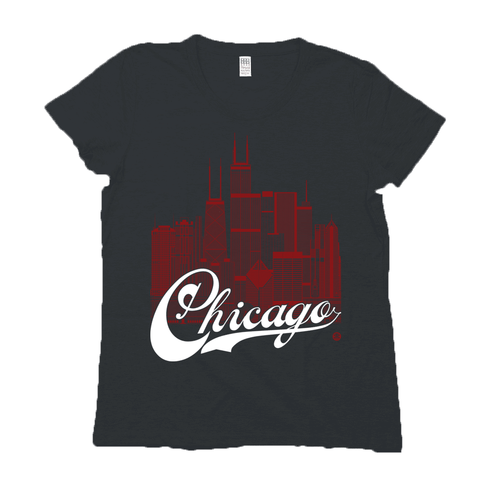 Chicago Skyline Squared Women's Tee - Maroon+White on Black