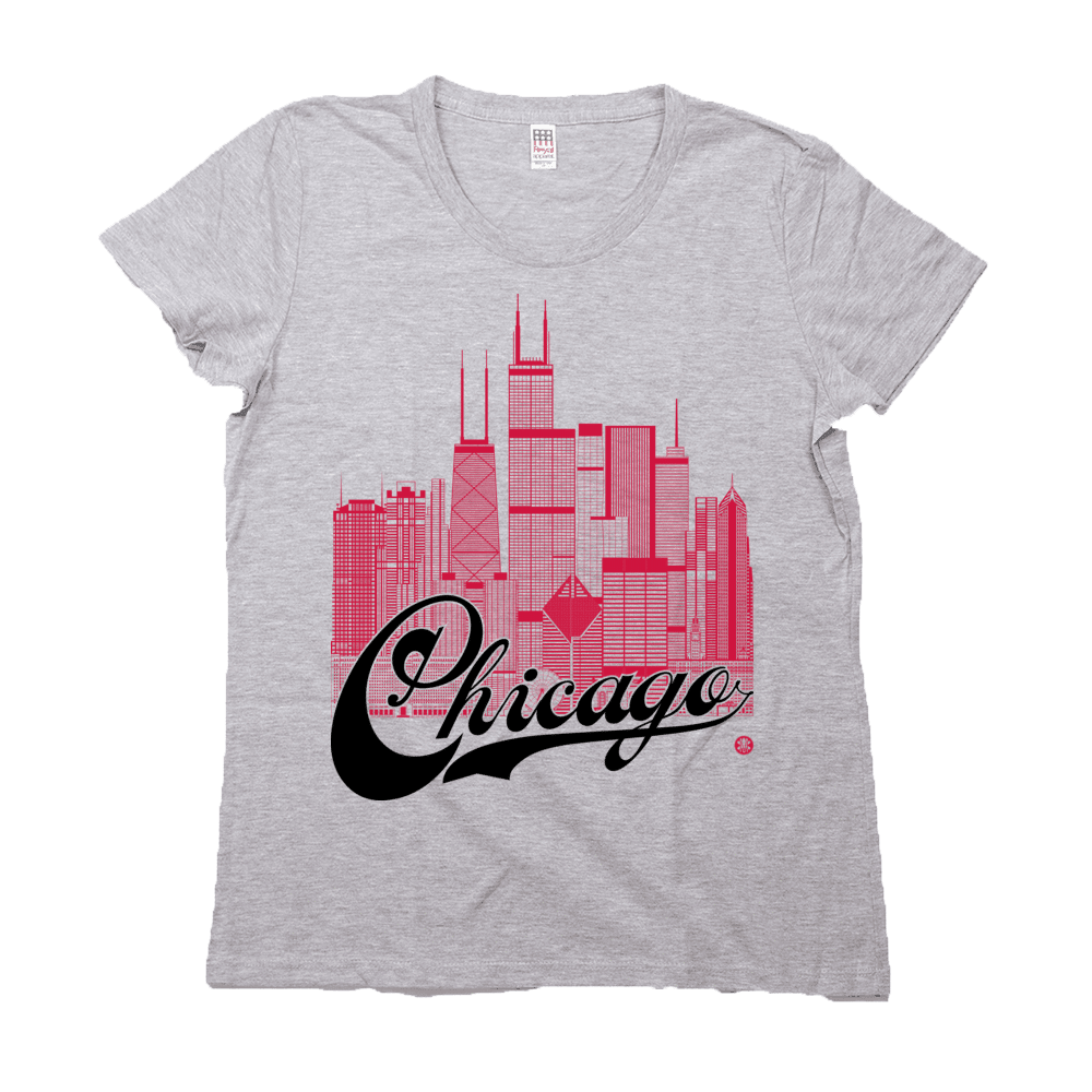 Chicago Skyline Squared Women's Tee - Red+Black on Gray
