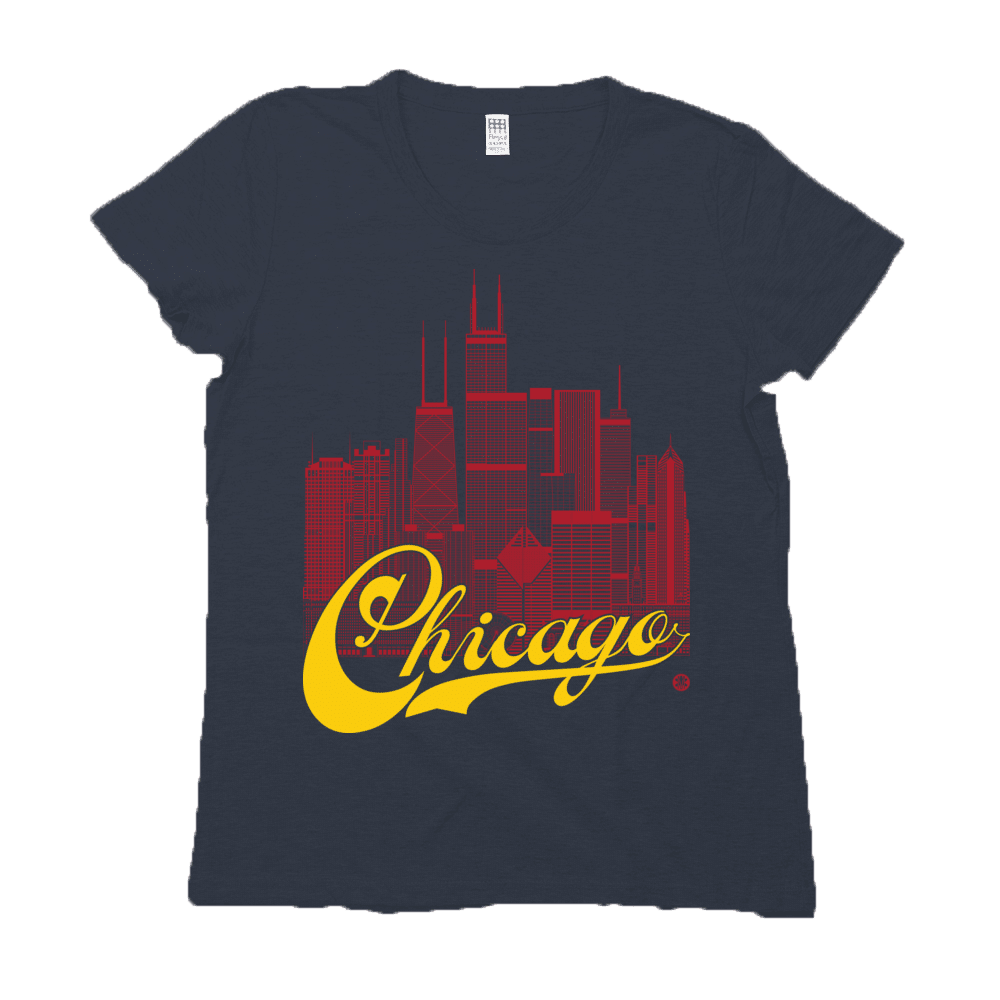 Chicago Skyline Squared Women's Tee - Red+Yellow on Navy