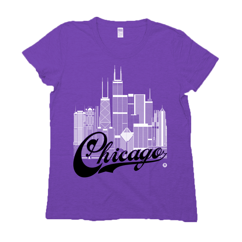 Chicago Skyline Squared - White+Black on Purple Women's Tee