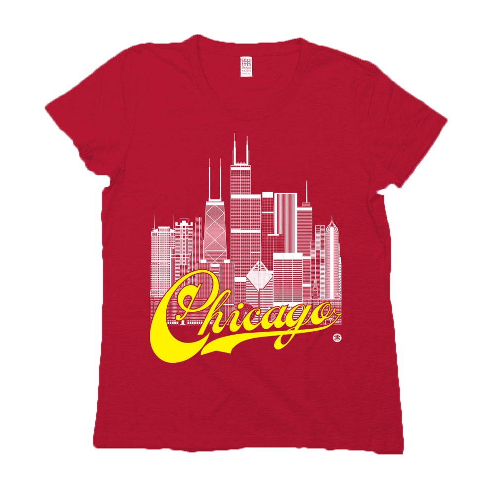 Chicago Skyline Squared Women's Tee - White+Yellow on Red