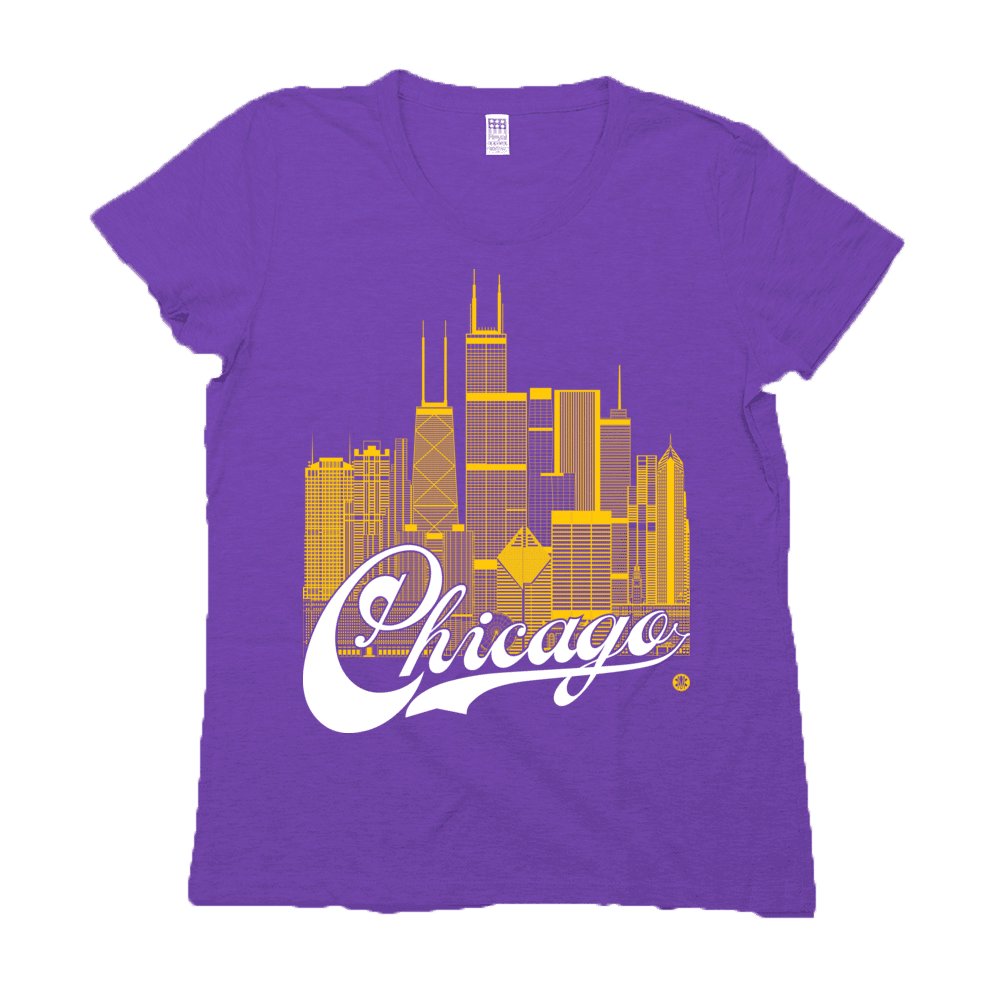 Chicago Skyline Squared Women's Tee - Yellow+While on Purple