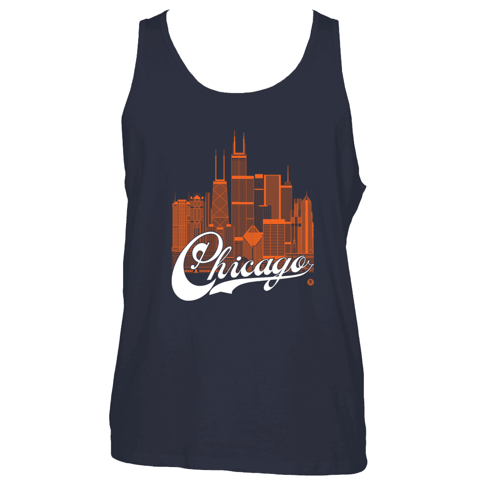 Chicago Skyline Squared Tank Top - Red+Sky Blue on Navy