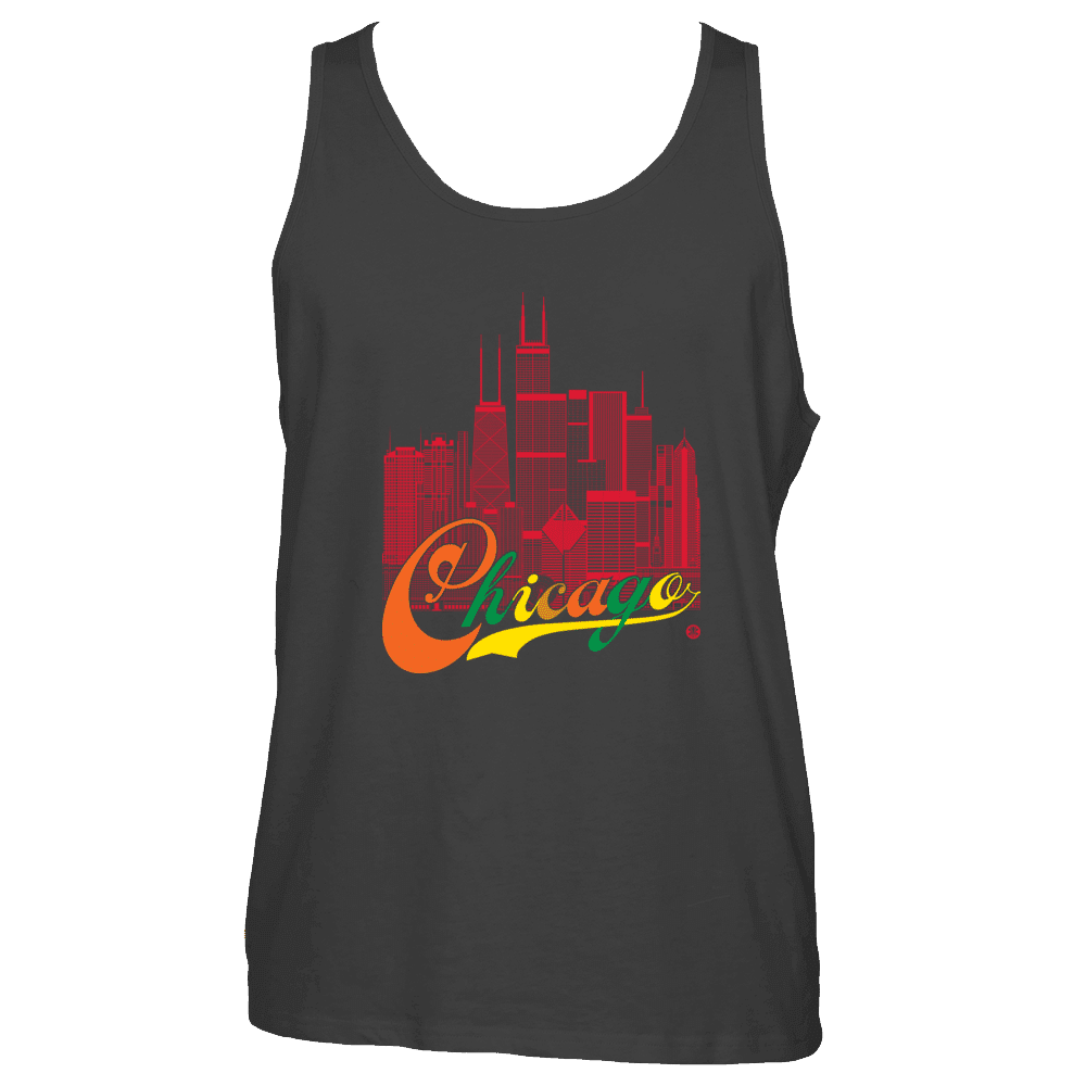 Chicago Skyline Squared Tank Top - Red+Multi on Black