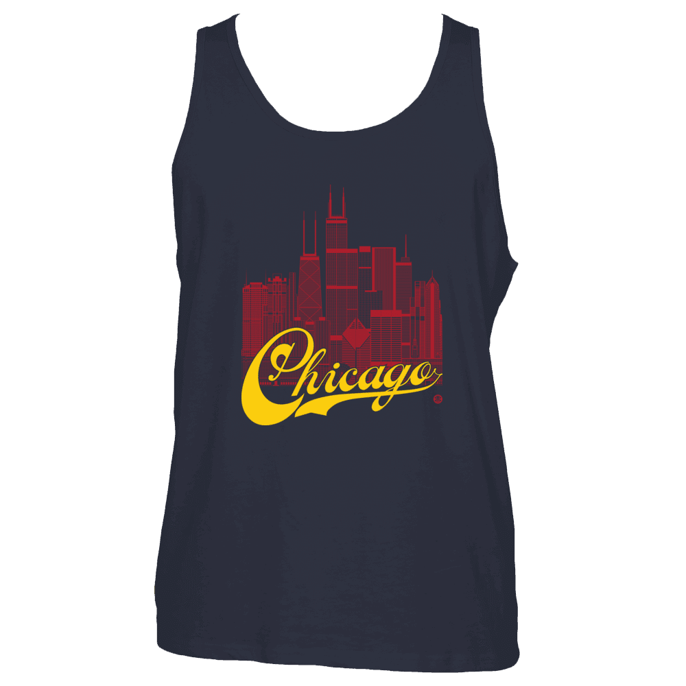 Chicago Skyline Squared Tank Top - Red+Yellow on Navy