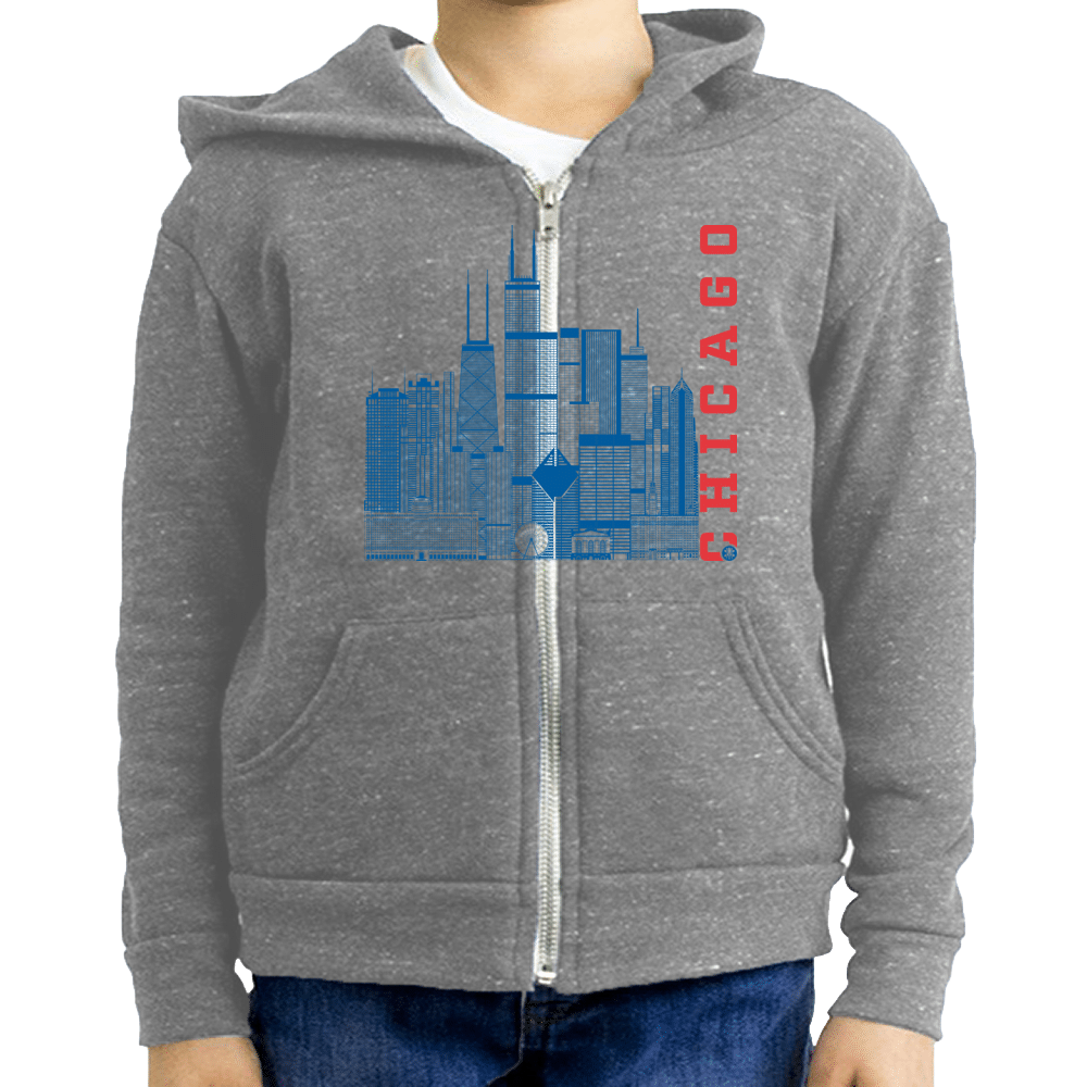 Chicago Skyline Squared Youth Fleece Zip Hoodie - Blue+Red on Gray
